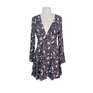Aritzia Sunday Best Purple & Gray Floral Cutout Back Flounce Dress